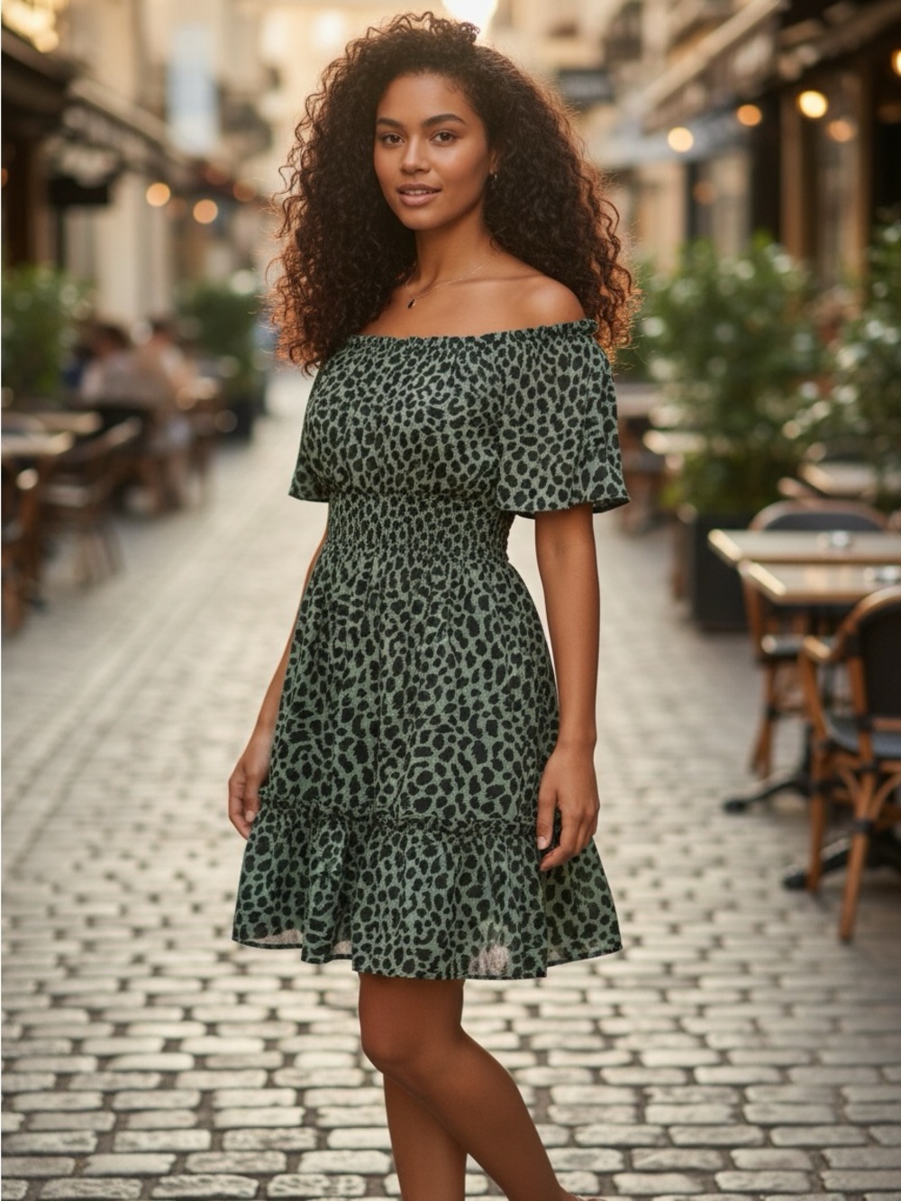 Ami Off-Shoulder Olive Green Leopard Print Mini Dress